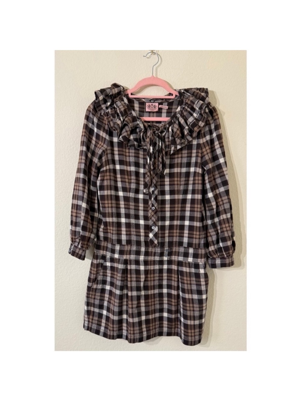 JUICY COUTURE Brown Plaid Ruffle Collar Dress SIZE 6